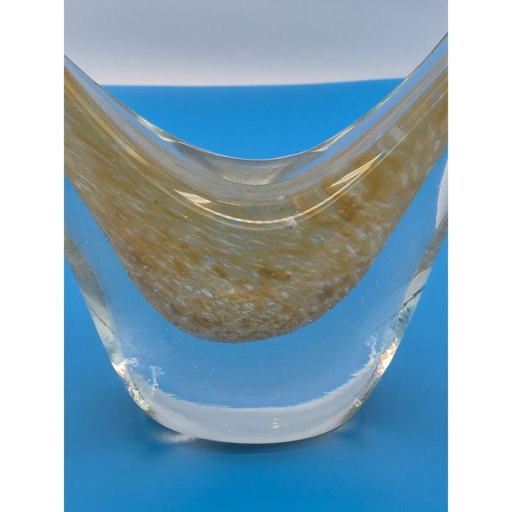 Vintage Heart Art Glass Vase Amber Gold Swirl Hand Blown Heavy Centerpiece Decor